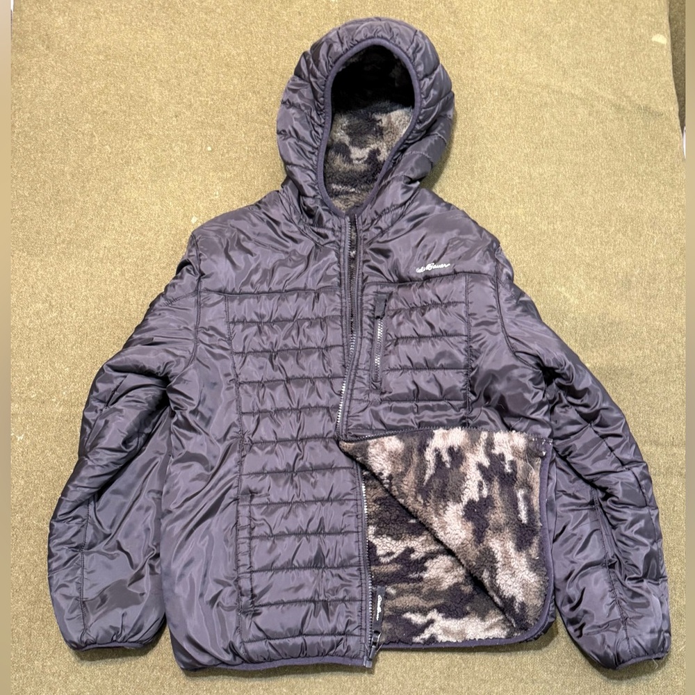 Eddie Bauer Boys Reversible Puffer Black Camo Hooded Size 14-16 Large